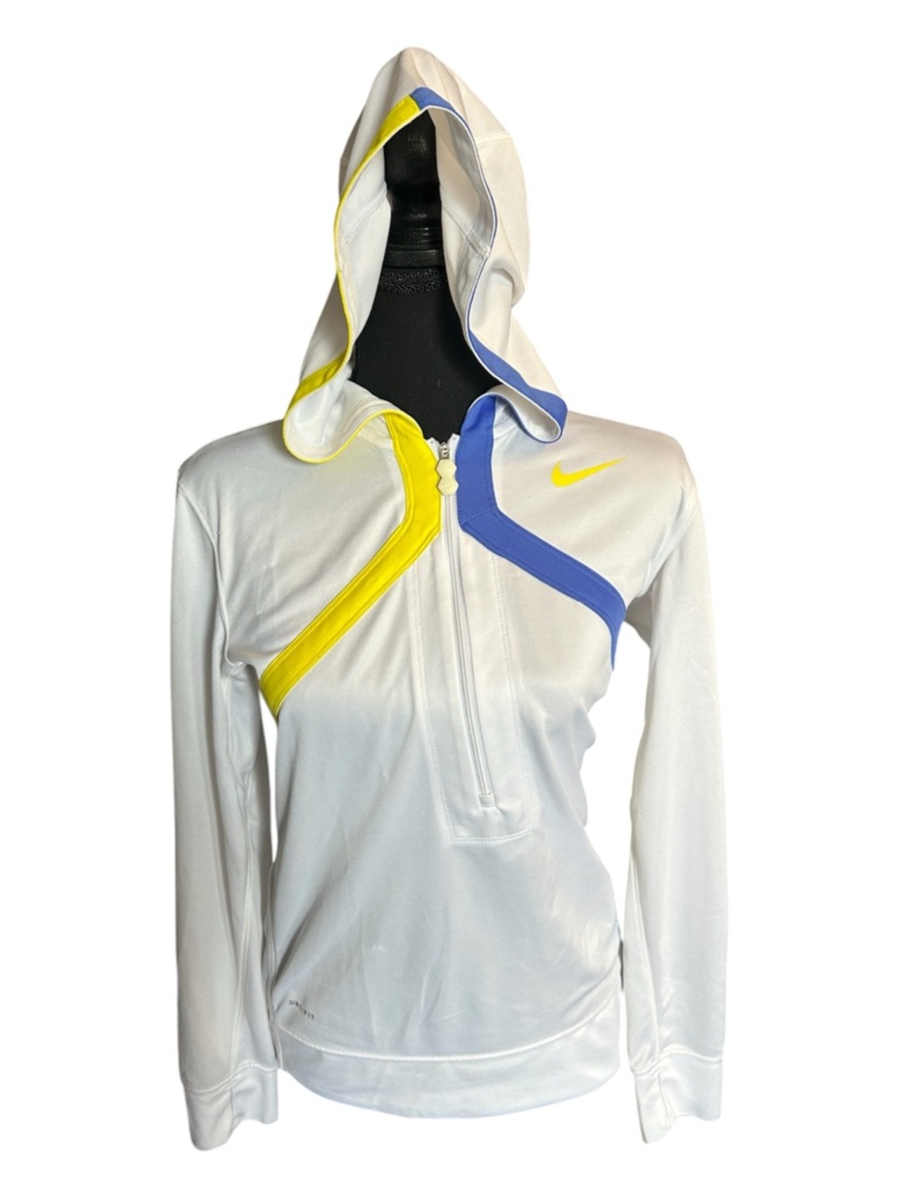 Nike Women White Hooded Half-Zip Top with Yellow & Blue Trim Size Small